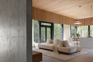 Modern residential interior with minimalist design, featuring a concrete pillar and wooden ceiling and walls.