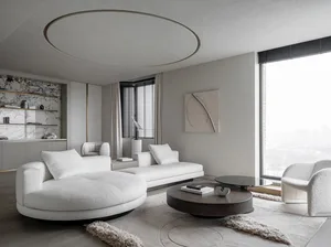 Modern minimalist living room with marble accents and white fabric furniture.