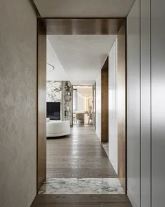 A modern interior design featuring marble, wood, and glass materials