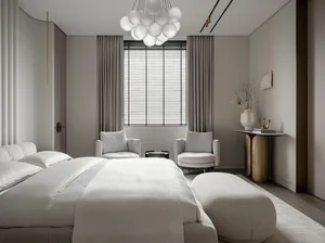 A minimalist bedroom featuring fabric beds and wood furniture, with a large window and modern lighting.