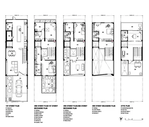 Detailed architectural blueprint of a residential house showing various rooms and their layouts across multiple levels.
