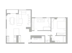 Illustration of a modern apartment layout with kitchen, living room, bedrooms, and bathrooms.