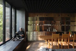 A minimalist residential kitchen featuring metal and wood elements.