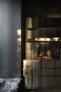 A modern interior space featuring metal elements.