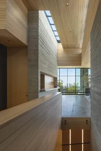 Modern interior design with wooden and concrete elements