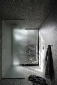 A minimalist bathroom with a glass shower enclosure and a view of the forest outside.