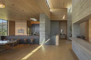 A modern residential kitchen features concrete flooring and paneled wooden walls.