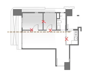 Floor plan of a residential building with marked points representing the areas.
