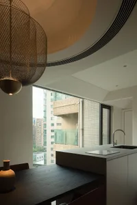 Contemporary residential kitchen featuring minimalist design, dark wooden countertops, and stainless steel appliances.