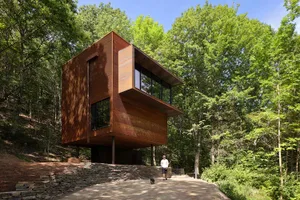 A modern residential exterior with wooden cladding and large windows surrounded by green foliage.