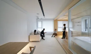 Modern residential interior with concrete and wood elements