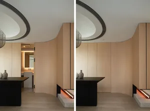 A modern residential interior featuring wooden materials.