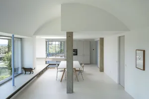 A minimalist kitchen featuring concrete flooring and glass surfaces, with a cat standing on the windowsill.