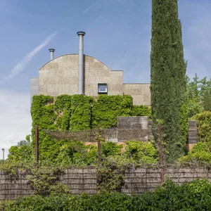 A modern building exterior with concrete walls and green foliage on the sides.