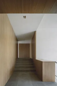 A modern interior corridor featuring concrete stairs and wooden walls and ceiling.