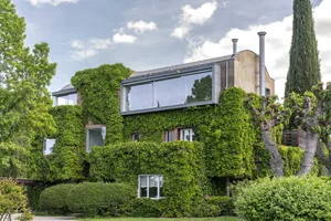 A modern house exterior covered in green ivy plants with large glass windows and chimney stacks.