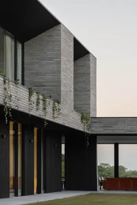 Modern residential building exterior with brick and concrete materials and climbing plants