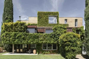 A modern residential exterior covered in climbing plants.