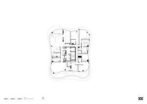 Plan view of a modern residential building with concrete, glass, and steel materials.