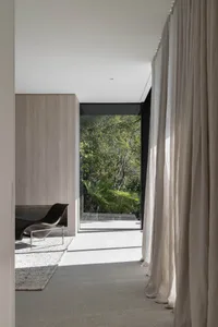 Modern architectural windows overlooking a lush forest