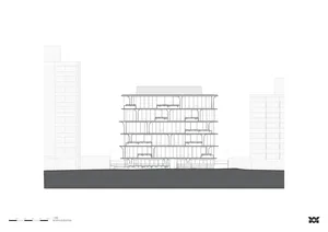 An architectural elevation of a multi-story building.