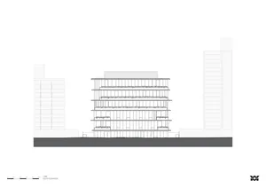 A modern building elevation depicted in a line drawing style.