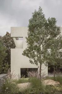 Modern minimalist house with concrete exterior and greenery.