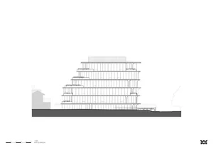 Floor plan of a modern office building showing exterior walls constructed of glass, steel, and concrete.