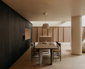 Modern dining room with wooden table and chairs