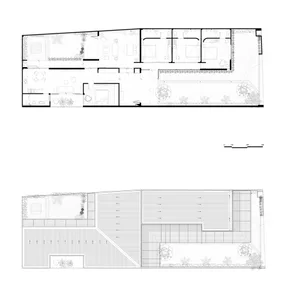 Floor plan of a modern interior design showcasing black-and-white architectural details.