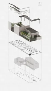 A rendering of a modern interior space featuring concrete materials.