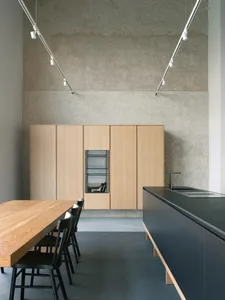 A modern minimalist kitchen with wooden cabinets and a metal backsplash.