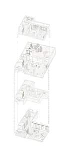 Black and white architectural drawing of a modern residential floor plan