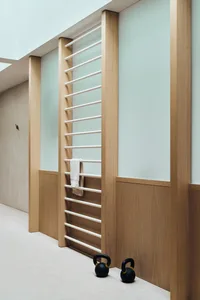 A modern home gym featuring wooden walls and a metal bar
