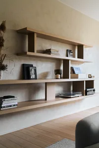 A modern minimalist living room featuring wooden shelves.