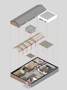An architectural rendering of a house interior showing the structural layout, materials, and design elements.