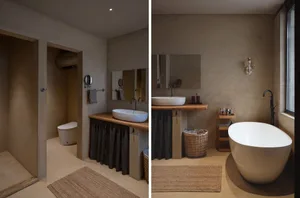 Minimalist bathroom featuring a concrete floor, walls, and counter, with a white sink and bathtub, and a window.