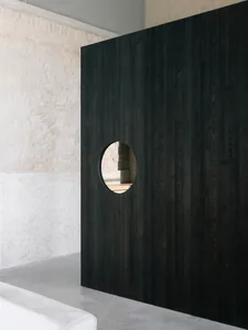 A minimalist interior design with a dark wooden wall featuring a circular cutout.