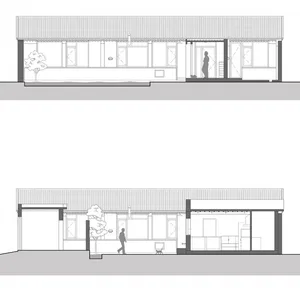 Floor plan of a modern residential house with concrete and glass exterior.