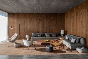 Modern living room featuring concrete and timber materials