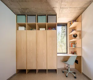 Modern home office with wooden shelves and a desk by the window.