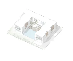 室内设计预案，展示现代游泳池，使用混凝土、玻璃和木质材料