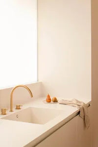 Modern minimalist kitchen space featuring a concrete basin and minimalist design.