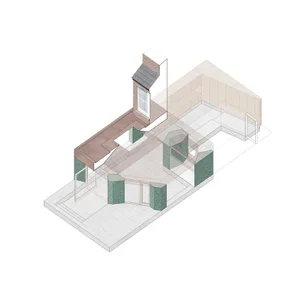 A modern interior design featuring exposed concrete walls and floors.