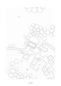 Detailed architectural site plan with white paper outlines representing buildings, trees, and other elements.