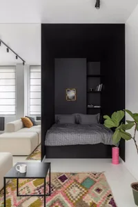 Modern living space with neutral tones and a minimalist design.