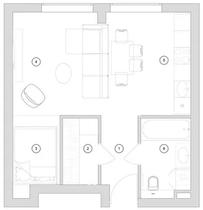 A minimalist apartment layout with a floor plan showcasing neutral tones.