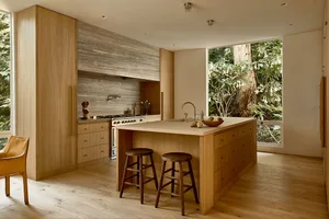 A modern kitchen with wooden cabinets, an island, and natural light from large windows overlooking greenery.