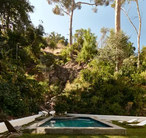 A serene outdoor space featuring a waterfall and lush greenery surrounding a rectangular pool.