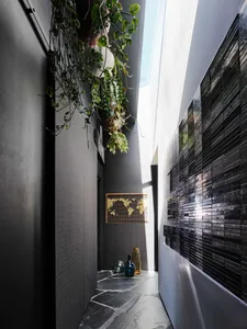 A minimalist interior with black metal planters and metallic accents